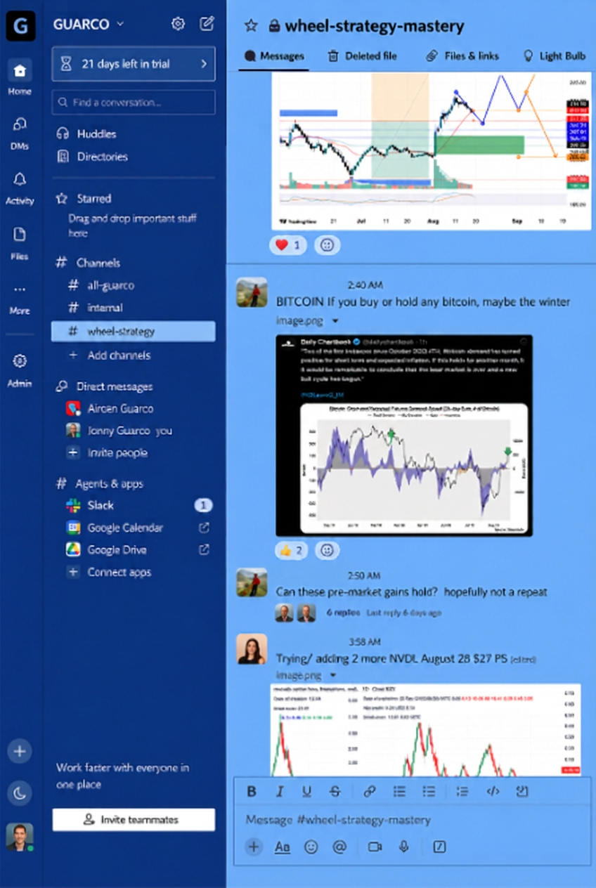 The private Team Slack workspace where members share trade setups, charts, and market discussion.